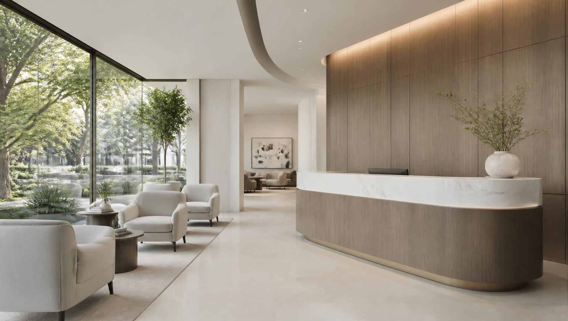 Daylit private clinic interior with marble reception